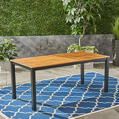 Christopher Knight Home Zak Outdoor 71" Acacia Wood Dining Table, Teak Finish, Black - WoodArtSupply