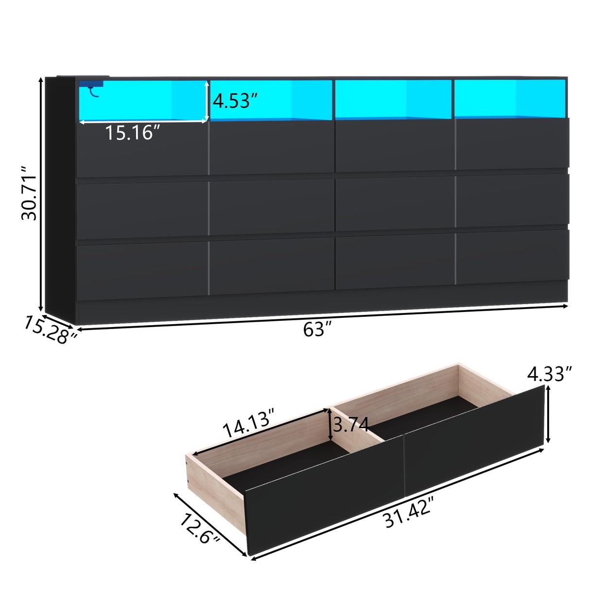 Gyfimoie 63" Wide 6-Drawer Black Dresser with Divided Compartments, Charging Station & LED Lights, TV Stand for TVs up to 75", Large Organizer with 4 Open Cubbies Gyfimoie