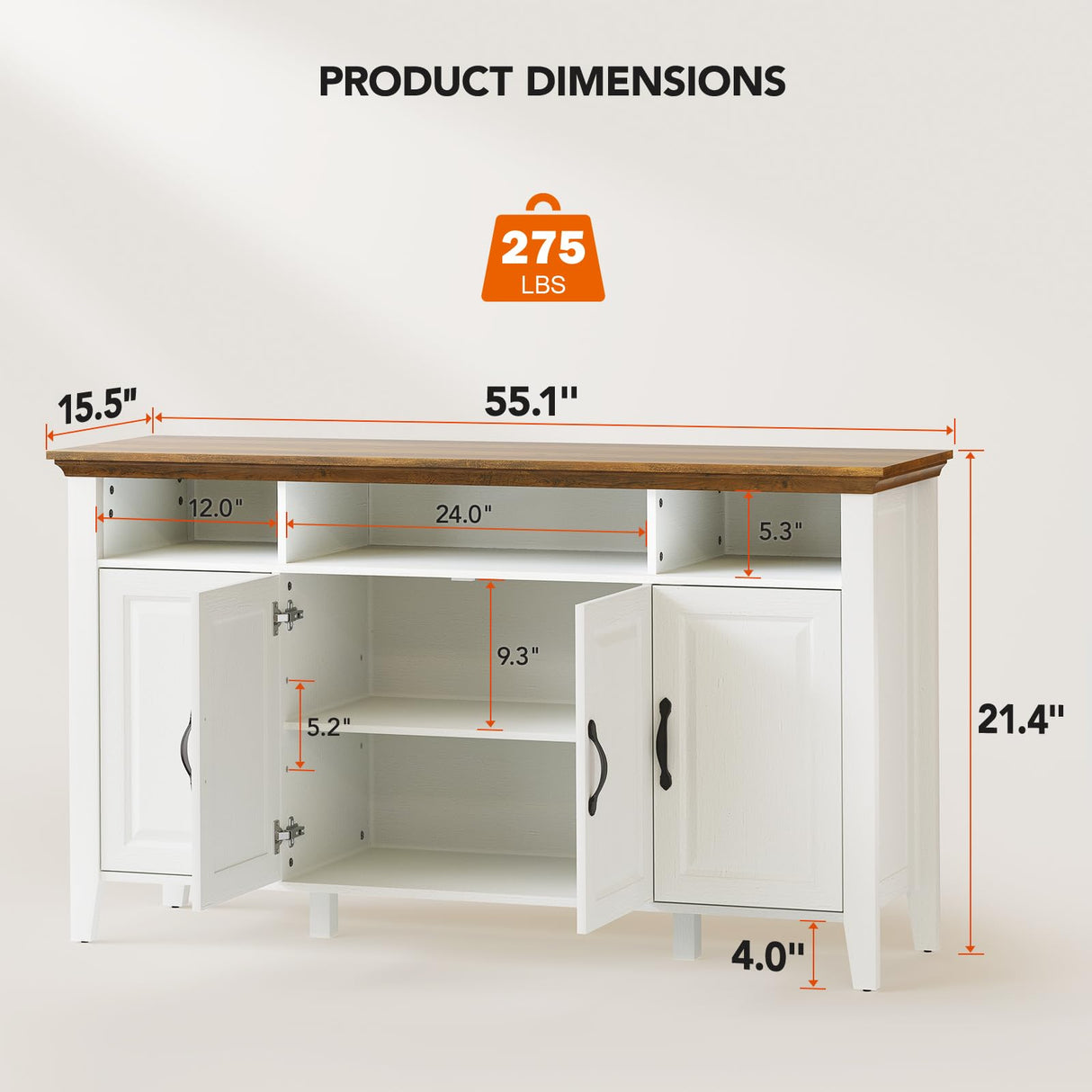 Amada Buffet Cabinet with Storage, 55" Large Sideboard Storage Cabinet with Adjustable Shelves, 4 Doors, Modern Farmhouse Coffee Bar Cabinet, Kitchen Table for Dinning Living Room, Oak and White AMADA HOMEFURNISHING