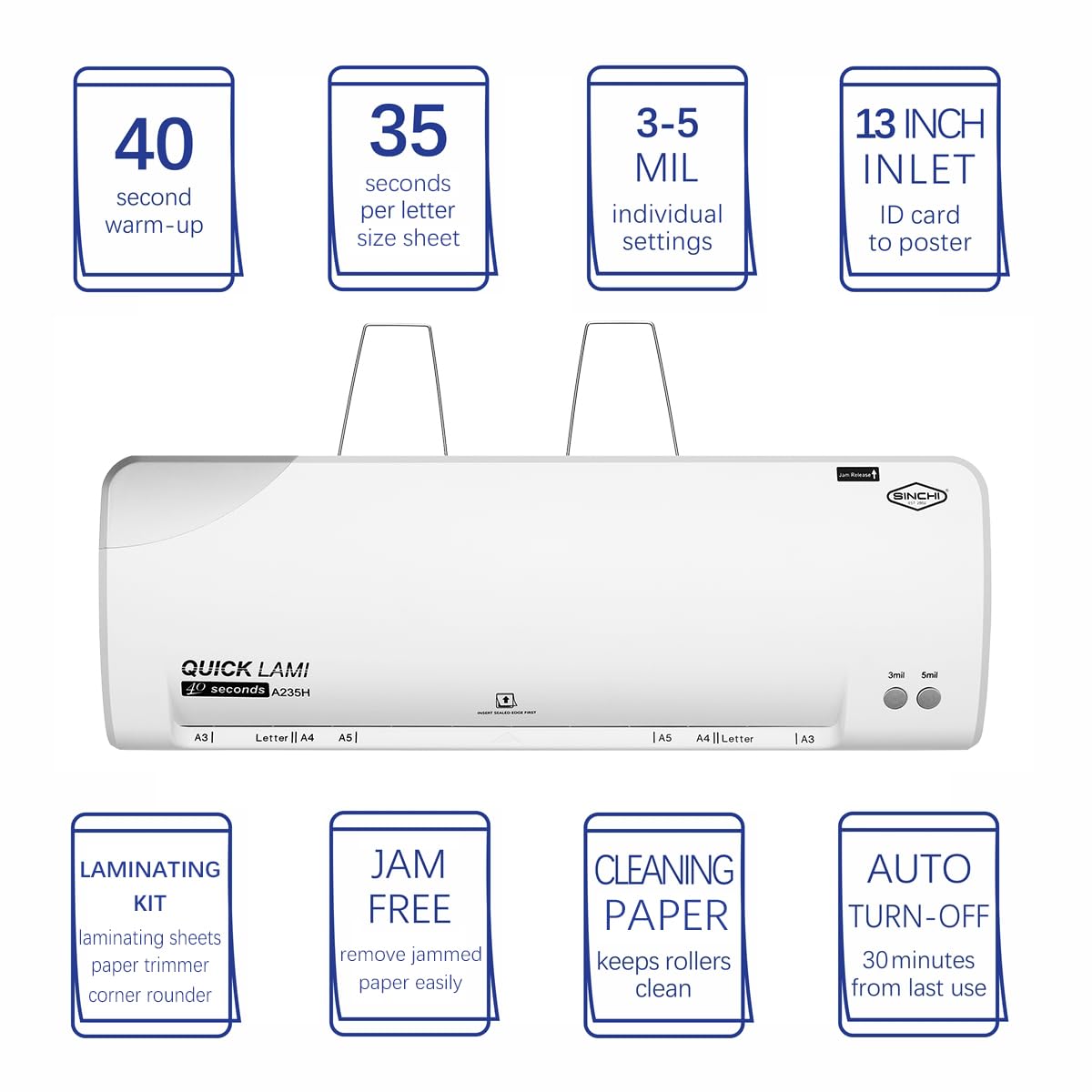 SINCHI 3-5 Mil, 13-Inch Thermal Laminator Machine, 40 Second Warm-Up, 20 inches/Minute, Includes Laminating Sheets, Paper Trimmer & Corner Rounder, Jam Release, Auto Shutoff, for Office, School, Home SINCHI