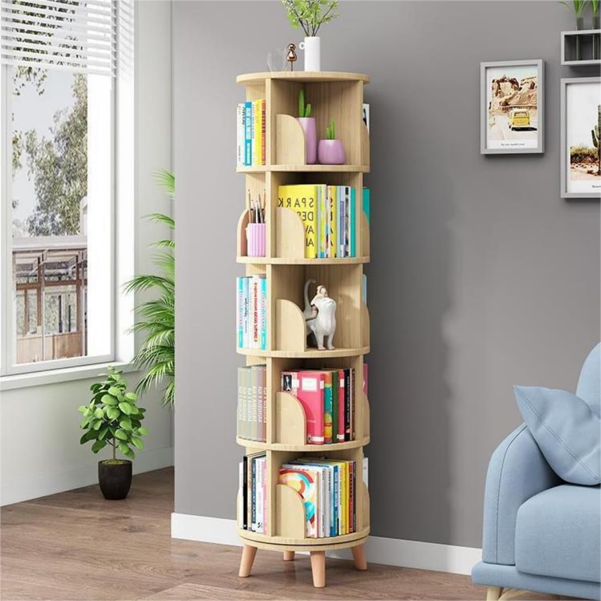 5-Tier Rotating Pine Wood Bookshelf with Legs for Space-Saving Storage Gdrasuya10