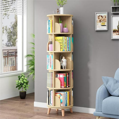 5-Tier Rotating Pine Wood Bookshelf with Legs for Space-Saving Storage - WoodArtSupply