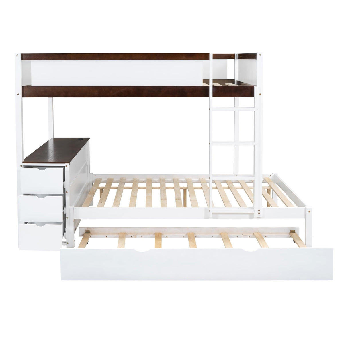 Harper & Bright Designs Full Over Full Bunk Bed Twin Size Trundle, Wood Full Bunk Bed with USB Ports, Storage and Desk, White+Walnut Harper & Bright Designs