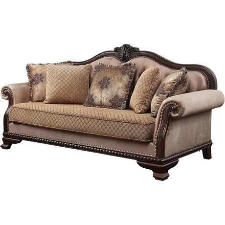 Acme Chateau De Ville Fabric Tufted Sofa with 5 Pillows in Espresso Acme