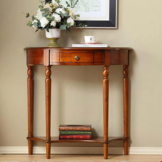 Mid-Century Console Table,Solid Wood Half Moon Table For Entryway Hallway Porch,Half Circle Table With Storage Drawer,Wooden Wall Sofa Table Small Accent Table(24"L x 12"W x 31"H, Cherry Wood - WoodArtSupply