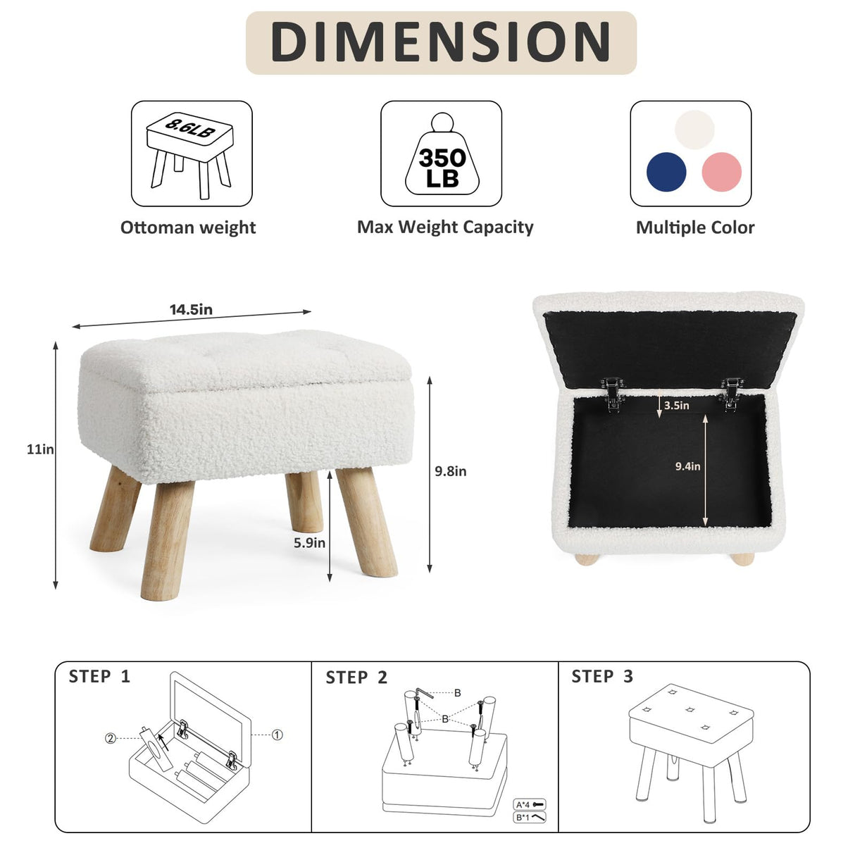 OGEMXU Ottoman Foot Rest, White Teddy Foot Stool with Storage for Dorm, Small Foot Stools with Wood Legs, Rectangular Foot Rest for Chair, Living Room, Couch, Bedroom (Cream) OGEMXU