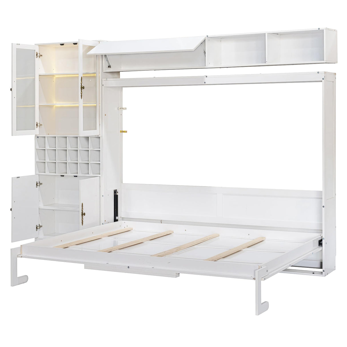 P PURLOVE Queen Murphy Bed with Sofa and Shelves, Wooden Wall Bed with USB and Light, No Box Spring Needed (White) P PURLOVE