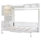 P PURLOVE Queen Murphy Bed with Sofa and Shelves, Wooden Wall Bed with USB and Light, No Box Spring Needed (White) P PURLOVE