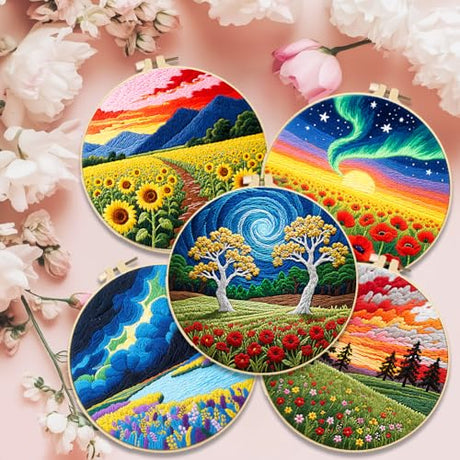 ACRNIGHEET 5 Pack Embroidery Kit for Beginners Adults, Stamped Cross Stitch Kits, Hand Embroidery Starter Kit Including 5 Stamped Embroidery Cloth, Colorful Threads, Hoop, Instruction, Gift Idea ACRNIGHEET