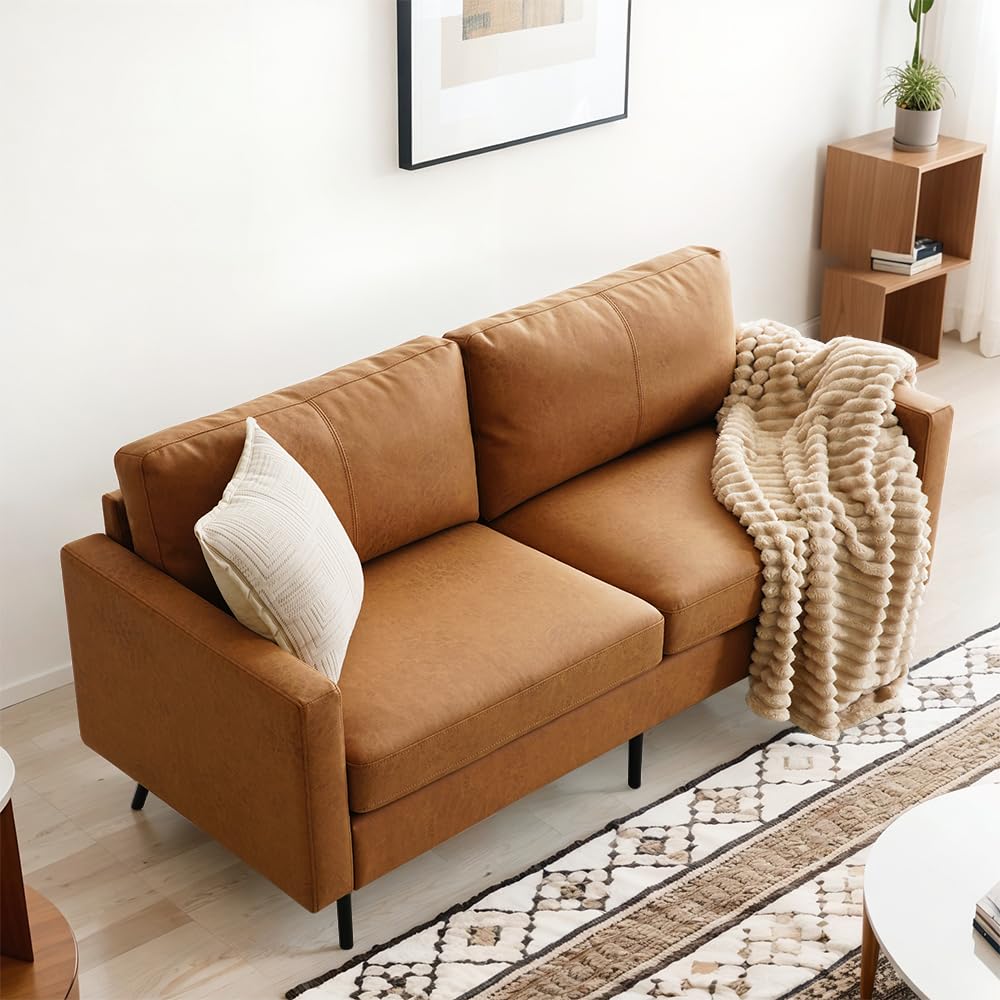ASHOMELI Modern Living Room Sofa,loveseat Sofa,Soft and Comfortable Couch,Apartments Small Sofa,Removable Back Cushion,Breathing Leather (Brown) ASHOMELI