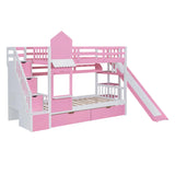 Harper & Bright Designs Twin Over Twin Bunk Bed with Stairs & Slide, Castle Style Bunk Beds with Storage Drawers and Shelves, Wooden Bunk Bed Frame for Kids, Teens, Boys & Girls (Pink) Harper & Bright Designs