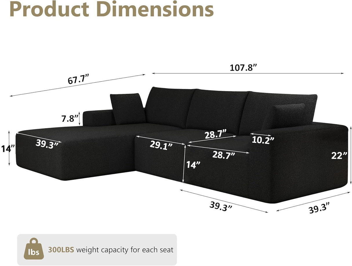 108”Modular Sectional Sofa, 4 Seat Cloud Sectional Couch for living Room with Deep Seat, Modern L-Shape Couch with Oversized Chaise, Upholstered Couches with Waist Pillows, No Assembly Required(Black) B.Sauraseng