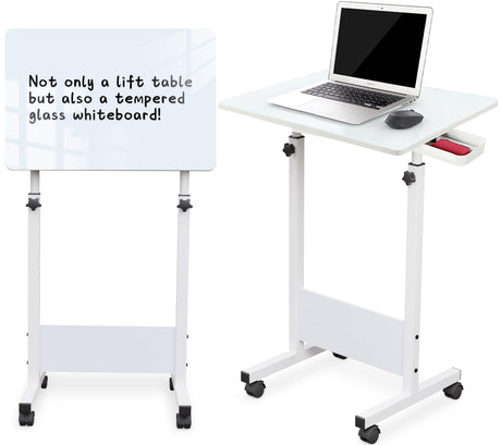 KOUPA Adjustable Height Standing Desk, Writable Tempered Glass Desktop with Eraser, 360° Flip, Wheels – Ideal for Small Spaces and Home Offices, 24 in, White(Adjustable Height: 32-47 in) KOUPA