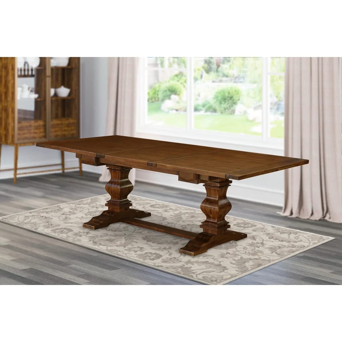 East West Furniture LAT-08-TP Lassale Modern Dining Rectangle Kitchen Table Top with Removable Leaf & Double Pedestal Base, 42x92 Inch, Walnut East West Furniture