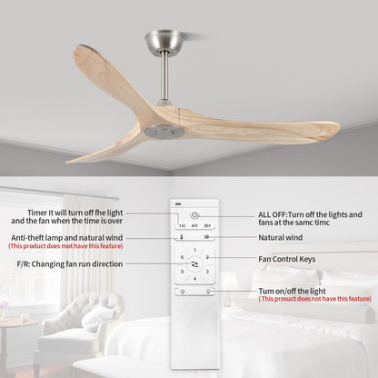 52 Inch Ceiling Fans Without Lights, Solid Wood Ceiling Fan with Remote Control and DC Silent Motor for Patio, Living Room, Bedroom, Nature Wood (Includes 3 Downrods)