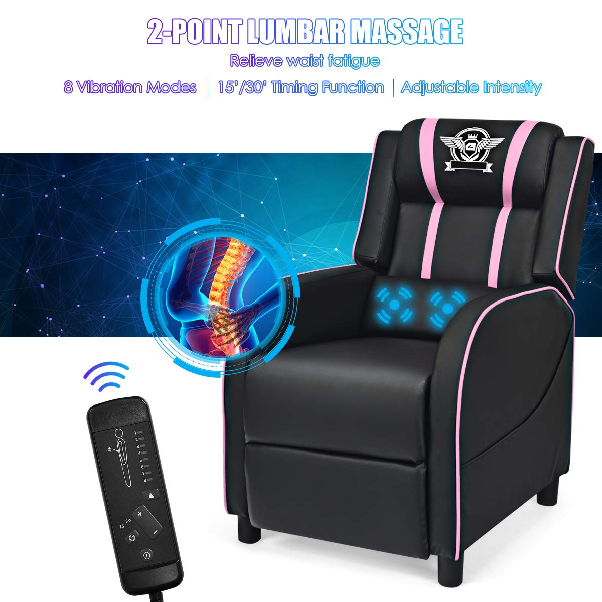 Giantex Gaming Recliner Chair, Adjustable Massage Gaming Chairs for Adults, Ergonomic Comfortable Lounge Leather Sofa w/Footrest, Remote Control & Side Pocket, Racing Style Single Sofa Recliners, Pink Giantex
