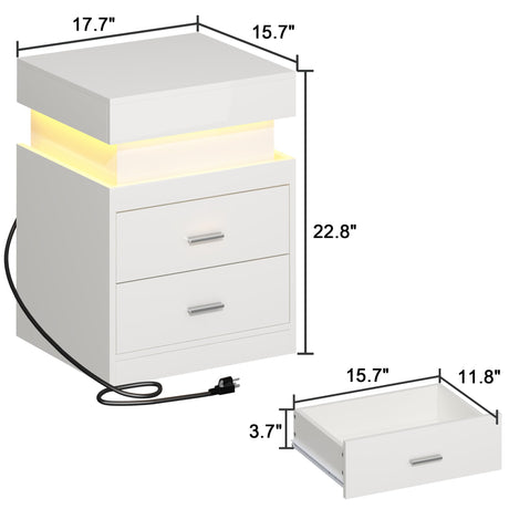 ChooChoo LED Nightstand with Charging Station, Smart Night Stand with Sliding Top Storage, 2-Drawers High Gloss Bedside Table, Modern End Table for Bedroom,White ChooChoo