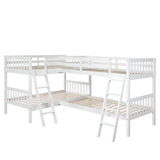 Four Bed, Twin Over Twin L-Shaped Bunk Bed with 2 Ladders, Wooden Corner Bunk Beds for 4 Person, Quad Bunk Bed with Angle Ladder and Guardrail for Children Teens Adults, No Box Spring Needed,White TRIPLE TREE