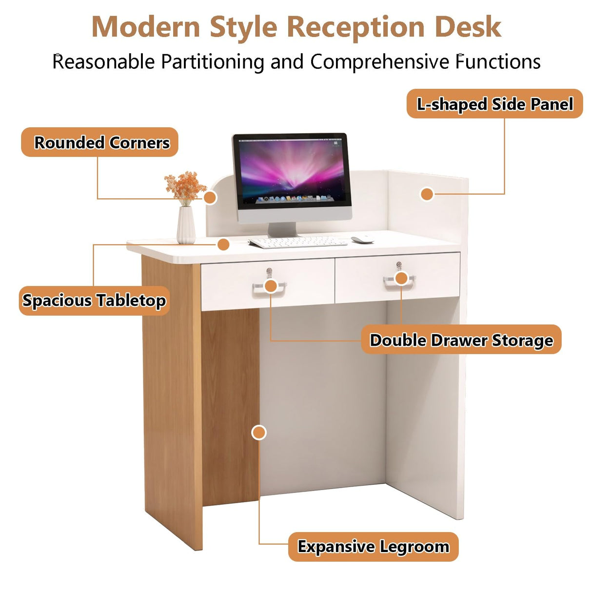 HEOTJUUQ Modern Reception Desk with Curved Privacy Panel & LED Light Strip, Lockable Drawers, 6 Color Options Front Counter Desk, Retail Checkout Counter for Salon, Office, Boutique(Black) HEOTJUUQ