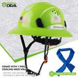 Full Brim Hard Hat Vented Construction Safety Helmet OSHA Approved Cascos De Construccion Work Hardhats with Cooling Towel for Men&Women 6 Point Adjustable Ratchet Suspension GREEN DEVIL
