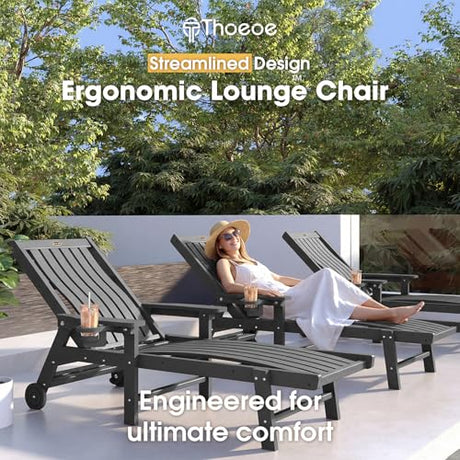 THOEOE Patio Chaise Lounge Chair Set of 2, Lounge Chair Outdoor with 5 Positions, HDPE, Patio Lounge Chair with Wheels & Cup Holder for Pool, Deck, Poolside,Grey THOEOE