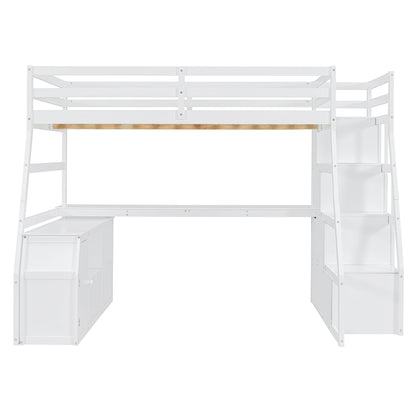 MERITLINE Full Size Loft Bed with Desk and Storage Stairs, Wood Loft Bed Full with 7 Drawers & 2 Shelve,High Loft Bed with Desk Underneath for Kids Teens Boys Girls,White