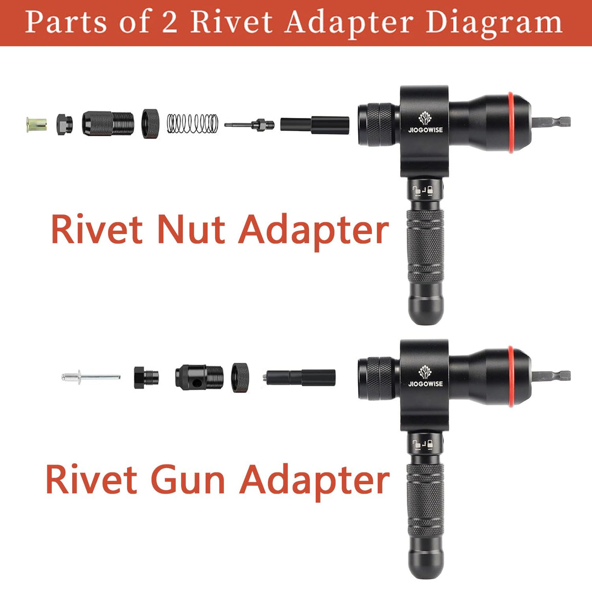 JIOGOWISE 2-in-1 Design Cordless Rivet Gun Adapter and Rivet Nut Adapter,Electric Drill Tools Accessory Kit with Carry Case,7 Metric Mandrels M3 to M12, 6 Rivet Heads 2.4mm to 6.4mm JIOGOWISE