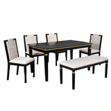 Merax 6 Piece Dining Table Set with Bench, 60" Wooden Rectangular Table with 4 High-Back Tufted Chairs & 1 Bench, Kitchen Dining Room Table Set for 6 People, Black Merax