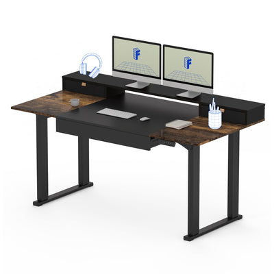 FLEXISPOT 63x32 in 4-Leg Standing Desk with Storage Electric Adjustable Height with 3 Drawers & Shelving Home Office Workstation (Black + Special Walnut Top)