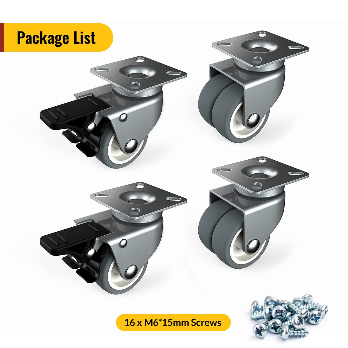 2 inch Swivel Caster Wheels Set of 4 - Heavy Duty Casters for Furniture - No Noise TPR Wheels - with Screws - Total Capacity 880 lbs (2 with Brakes) HOLKIE