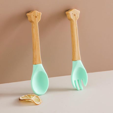 Baby Feeding Spoon, Bamboo Wood and Silicone Baby Fork and Spoon - Soft Curved Silicone Tip Spoons - Suitable for Baby and Toddlers Forked Spoone （Green Bear） Mamimami Home