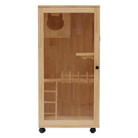 KUMOYOU Wooden Cat House, Large Space Kitten Cage, Enclosure Catio with Ramp and Covered, Lockable Wheels Double Layer Pet Home, Animal Cages for Outdoor Indoor Terrace (Wood, H47.24Inch) KUMOYOU