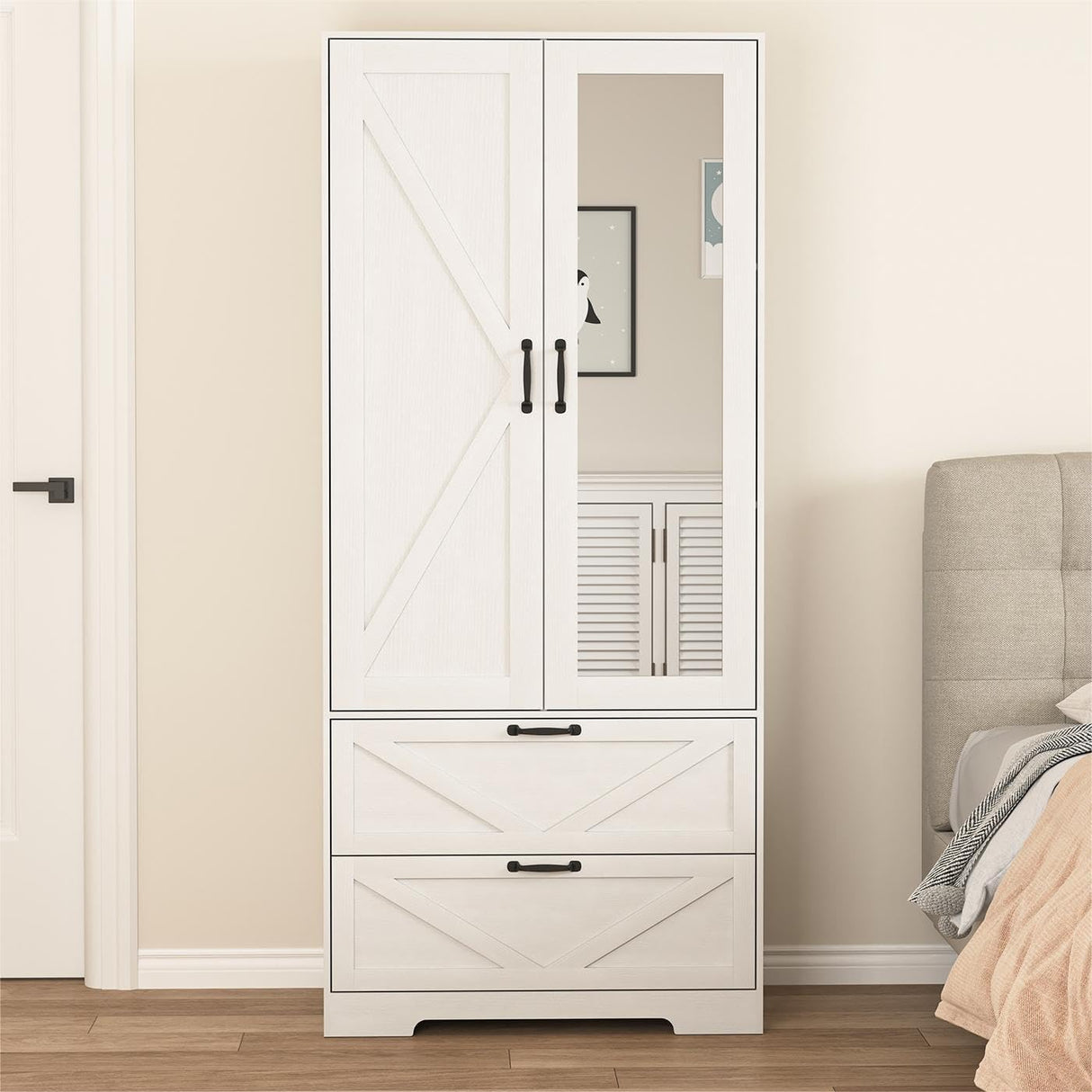 UZUGUL Armoire Wardrobe Closet with Mirror Door and Light,Farmhouse Bedroom Armoire Cabinet with Hanging Rod and 2 Drawer,Wooden Wardrobe Cabinet Closet with Adjustable Shelf for Bedroom UZUGUL