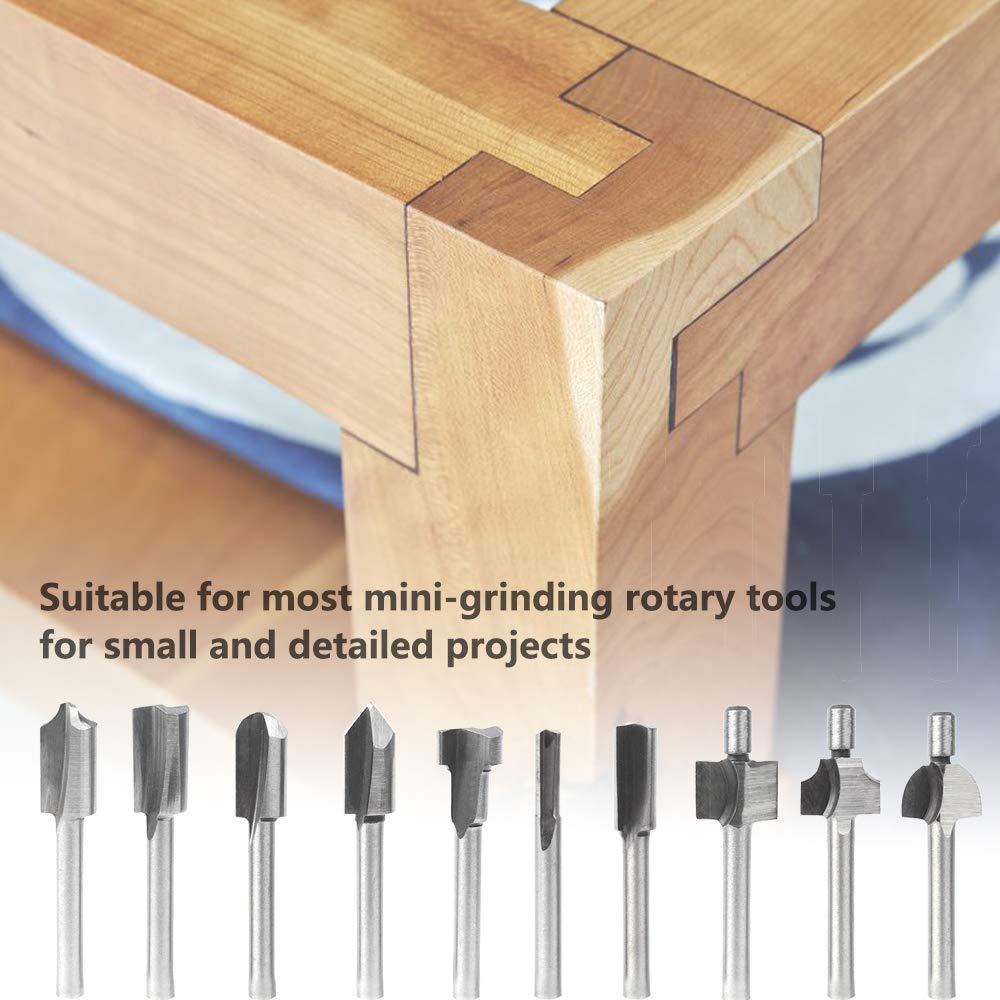 Saiper 10pcs HSS Carpentry Router Bits 1/8 Inch( 3mm ) Shank Engraving Bits Fit for Dremel Foredom Rotary Tools Set for Edge Grooving Wood Deburring Engraving and Milling Saipor