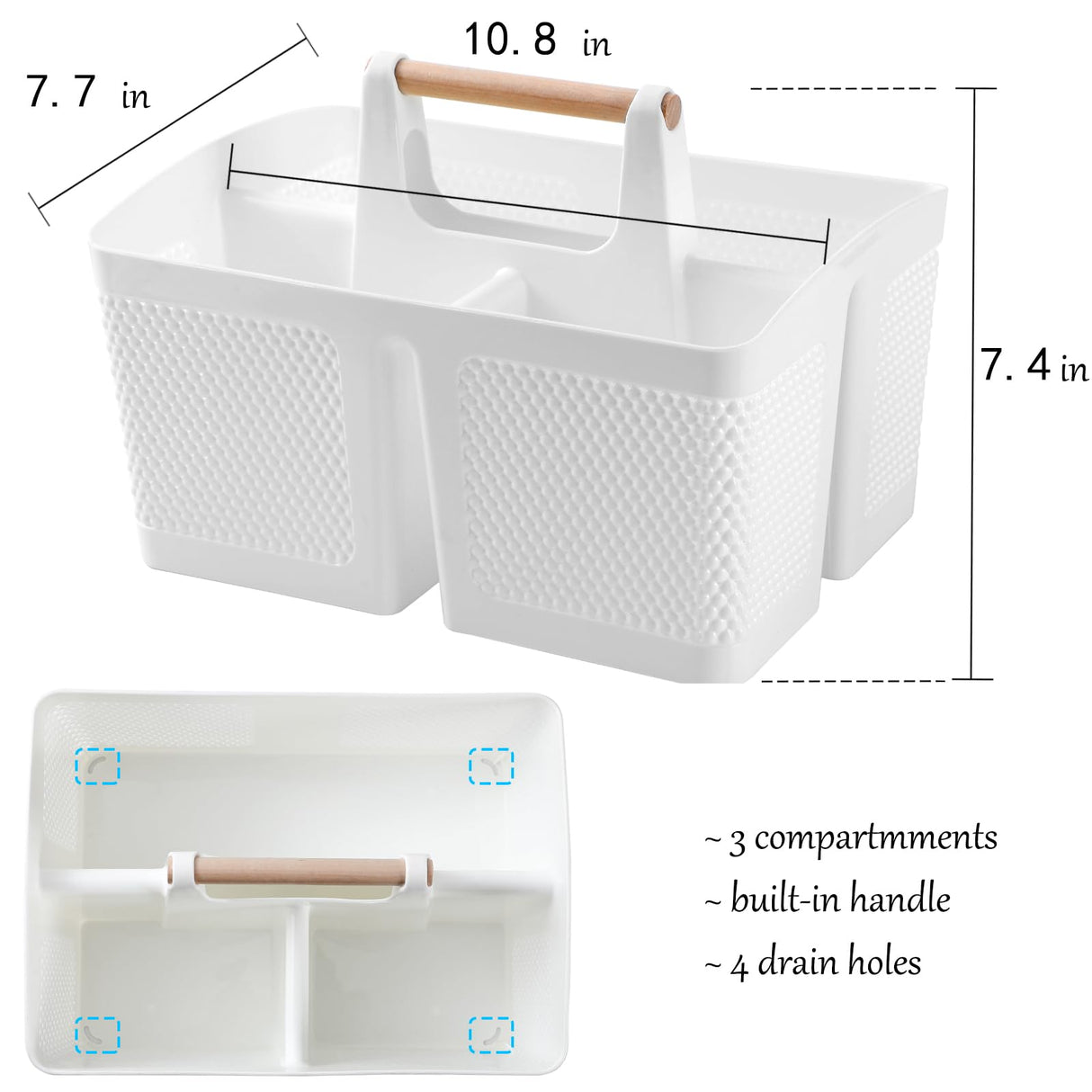 rejomiik Portable Shower Caddy Basket Plastic Cleaning Caddy Organizer Storage Tote with Handle for Bathroom, College, Dorm Room Essentials, White rejomiik