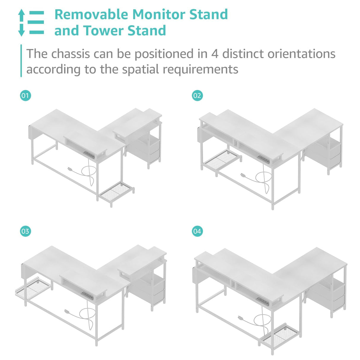 Lufeiya White L Shaped Computer Desk with Fabric Drawers, 47 Inch Corner Home Office Desk with Monitor Stand Shelves, Writing Study Gaming Desks with Led Lights and Power Outlets for Bedroom, White Lufeiya