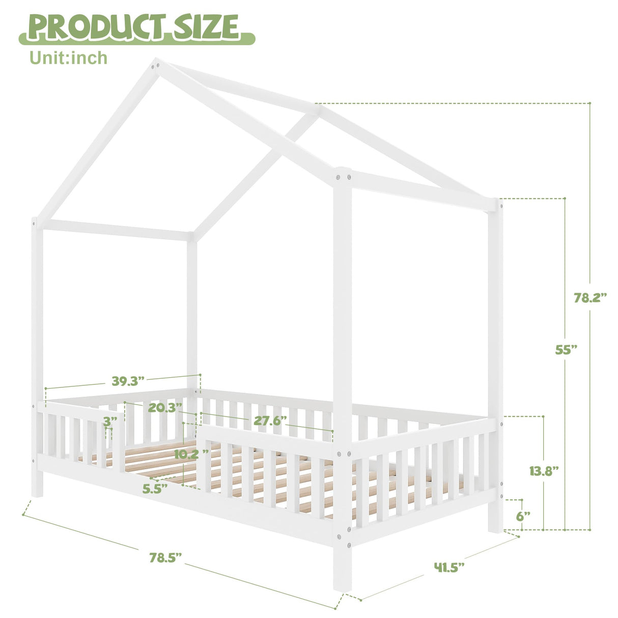 Bellemave Twin House BedFrame with Canopy, Montessori Floor Bed, House Bed with Rails for Kids, White Bellemave