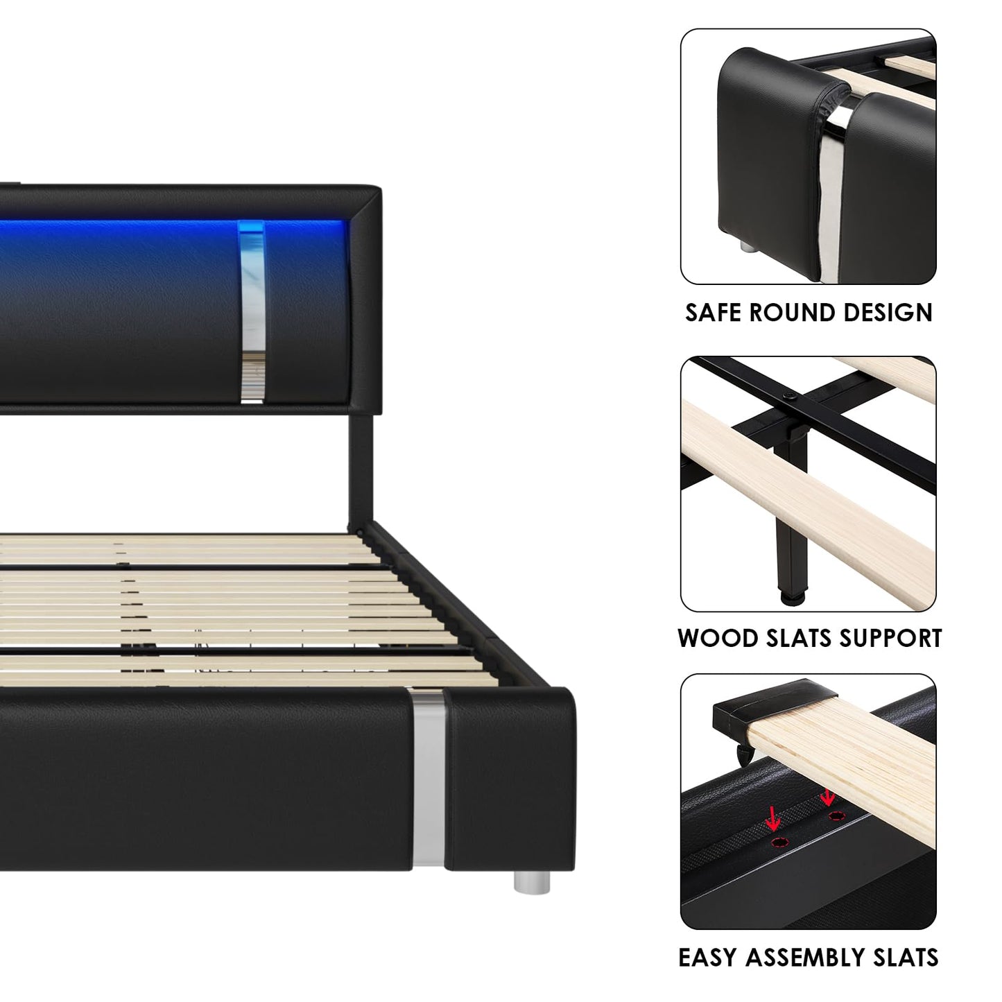 Keyluv Modern Black Queen Bed Frame with RGB LED Headboard, 2 Storage Drawers, and USB Ports - WoodArtSupply