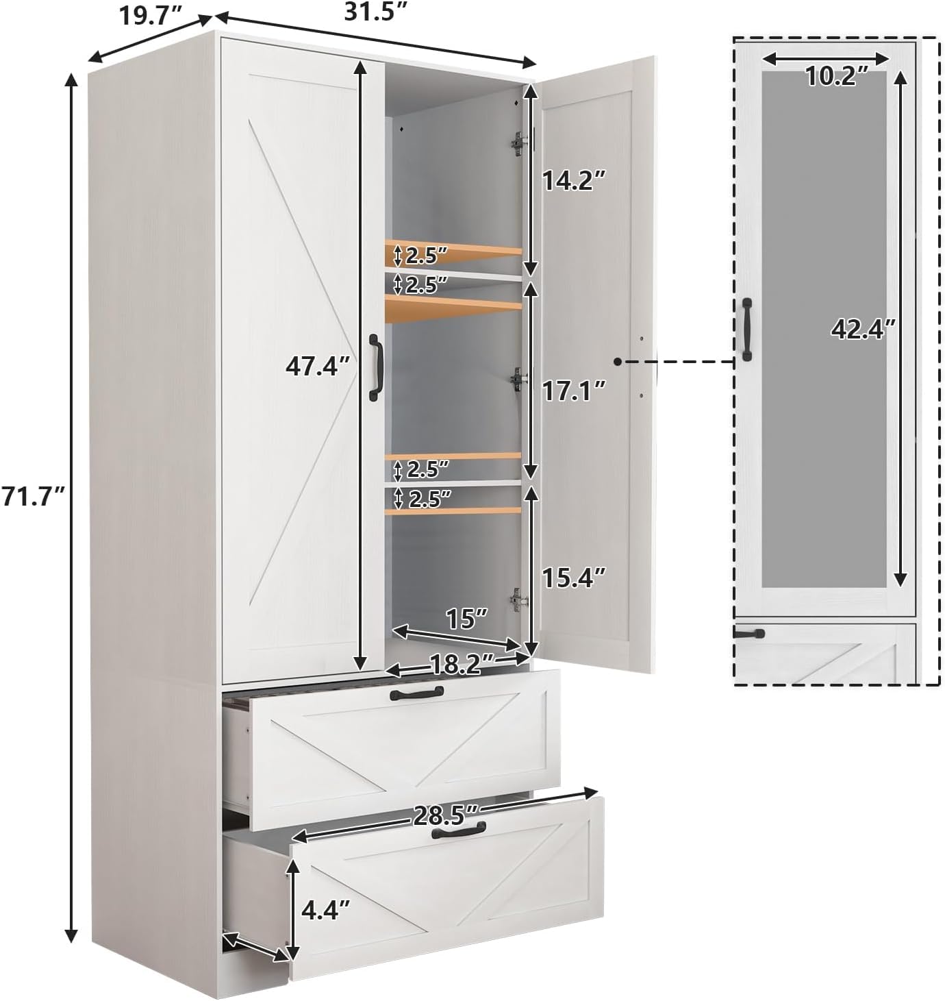 Hosnnile 72'' Armoire Wardrobe Closet with Mirror Door & Light, Farmhouse Bedroom Clothes Cabinet with 2 Doorrs + Hanging Rod + 2 Drawers, Wooden Wardrobe Cabinet with Adjustable Shelf for Be - WoodArtSupply