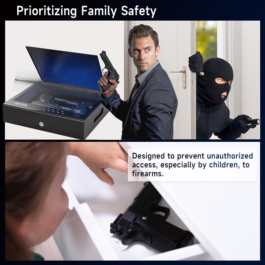 KESONS Gun Safe,Biometric Gun Safe for Pistols,Fingerprint ≤0.1s Quick Access Handgun Safe Pistol Safe with LCD Display for Time Battery/Full-digital Keypad,Safe for Nightstand,car (Frosted Black) KESONS