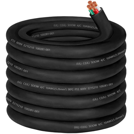 10/4 Wire 10AWG SOOW Wire 10 Guage,10/4 Portable Power Cable 10 Gauge 4 Conductor Electric Cable SOOW Extension Cord for NEMA 14-30amp Generator,Welder,Portable Light,EV Car Charger,Motor Lead-50ft CLLOMAGY