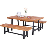 Sophia & William Acacia Wood Patio Dining Set with 1 Table and 2 Benches for 6, Oil Finished Tabletop and Spray Painted Legs, 3 Pieces Patio Dining Furniture for Porch Backyard, Teak and Black Sophia & William