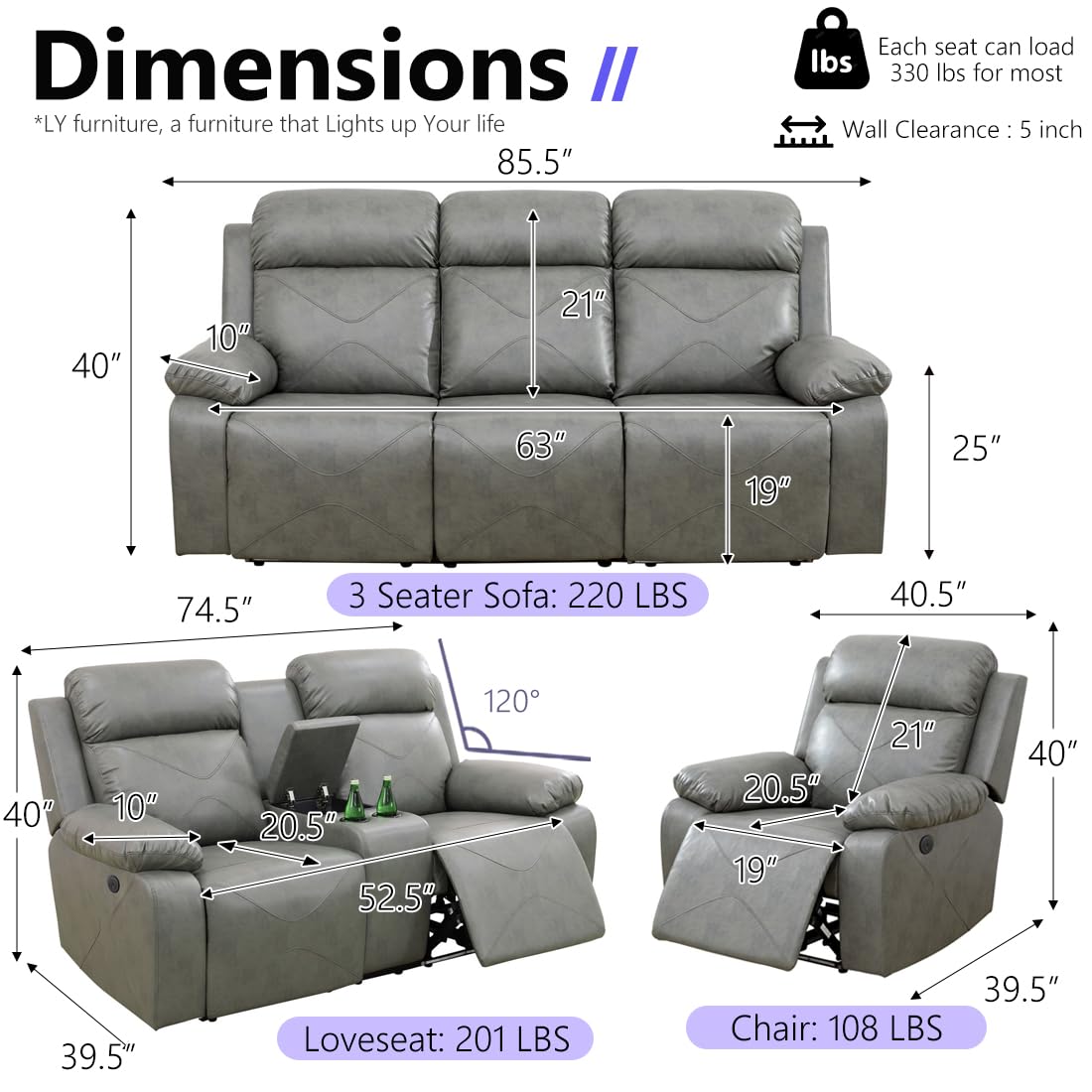 Anthato Power Recliner Sofa Set, Living Room Furniture Sets, 3-Piece Reclining Leather Sofa Loveseat Chair, Living Room Couch Set with Cup Holders/Coffee Table/LED Light for Home Theater/Office,Grey#2 Anthato