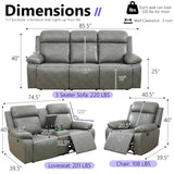 Anthato Power Recliner Sofa Set, Living Room Furniture Sets, 3-Piece Reclining Leather Sofa Loveseat Chair, Living Room Couch Set with Cup Holders/Coffee Table/LED Light for Home Theater/Office,Grey#2 Anthato