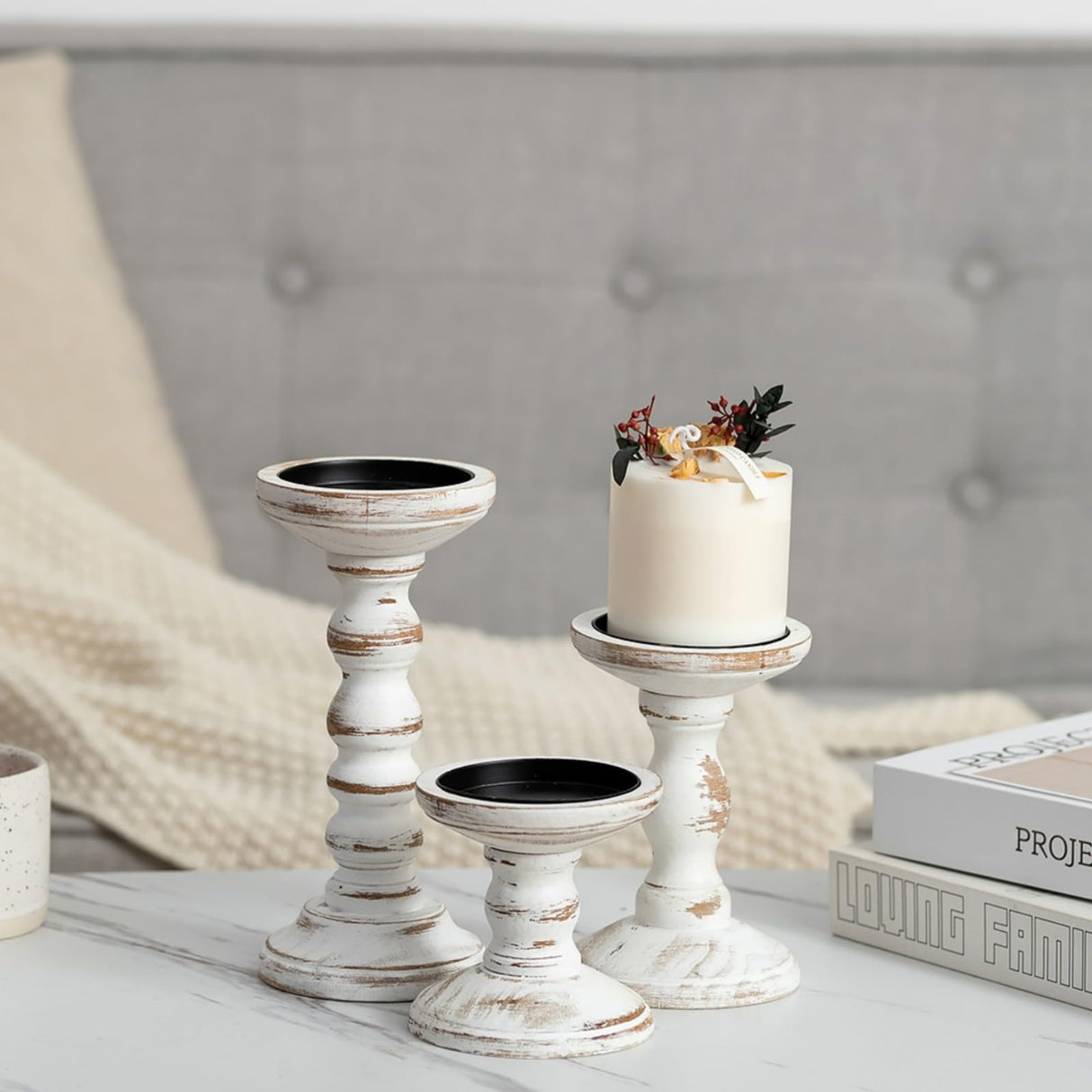 Candeldo Wood Candle Holders for Pillar: Rustic Candles Holder Set of 3 Tall Table Centerpiece Decor Wooden White Farmhouse Candle Stands for Fireplace Mantle Decorations Candeldo