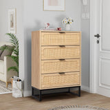 affeivul Mid Century Modern Dresser, 4 Drawer Rattan Dresser for Bedroom Wood, Boho Wooden Rattan Storage Cabinet Side Table with Solid Metal Legs, Tall Skinny Dresser for Closet (Natural) affeivul
