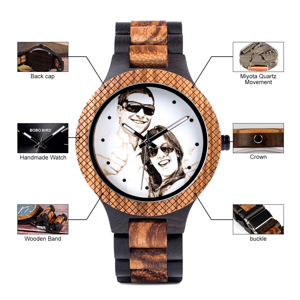 BOBO BIRD Mens Personalized Engraved Wooden Watches Quartz Casual Wristwatches for Men Family Friends Customized Watch (Zebra A) - WoodArtSupply