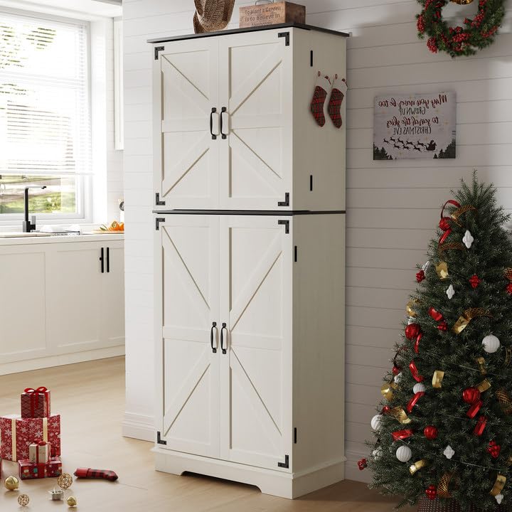 Kitchen Pantry Storage Cabinet,72" Freestanding Cupboard with 4 Barn Doors,Drawer and Adjustable Shelves,Wood Food Pantry for Kitchen, Dining Room, Bathroom,White Vipbear