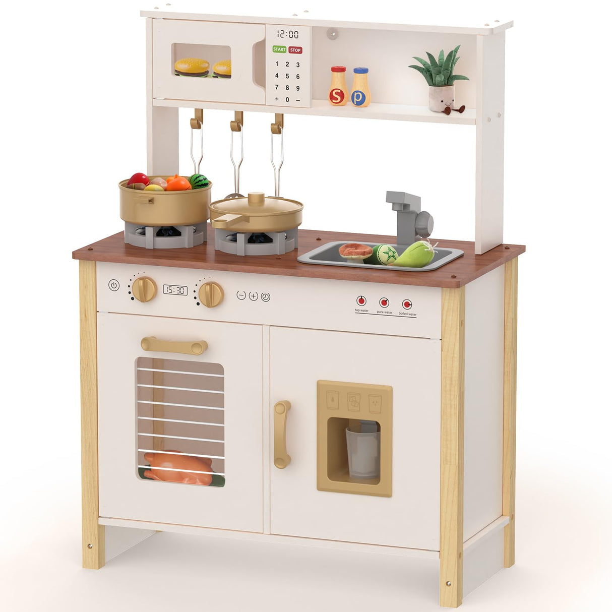 Babytronic Kids Play Kitchen, Wooden Kitchen Playset for Kids Ages 3+ with Real Lights, Sounds, Stove, Sink, Oven, and 30 Pcs Accessories, Toys Kitchen Small Pretend Play Kitchen for Toddlers (White) Babytronic