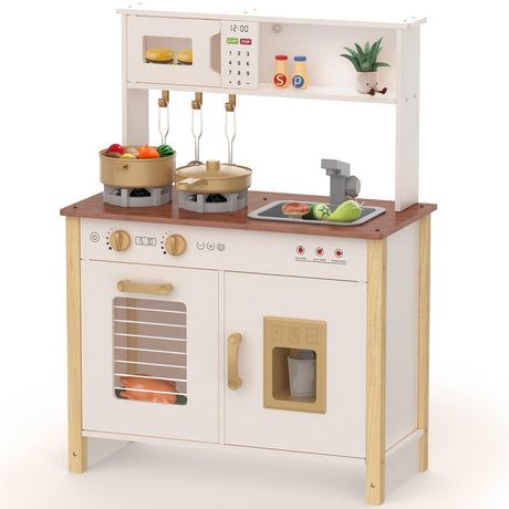 Babytronic Kids Play Kitchen, Wooden Kitchen Playset for Kids Ages 3+ with Real Lights, Sounds, Stove, Sink, Oven, and 30 Pcs Accessories, Toys Kitchen Small Pretend Play Kitchen for Toddlers (White) Babytronic
